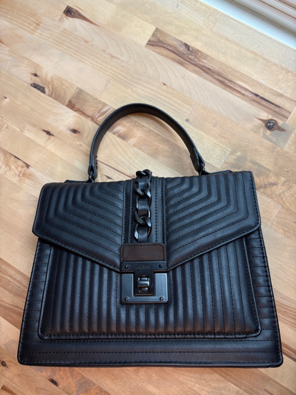 Aldo Black Quilted Chain-Accent Top Handle Satchel - Picture 13 of 14